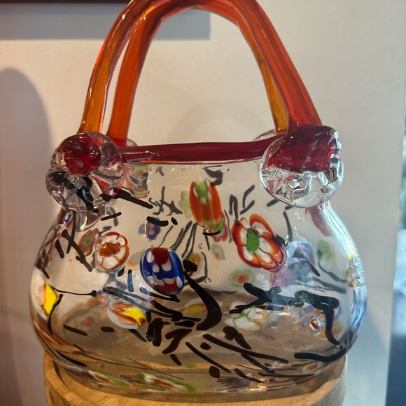 Murano Style Millefiori Purse Art Glass Vase Red Handle - Picture 2 of 5